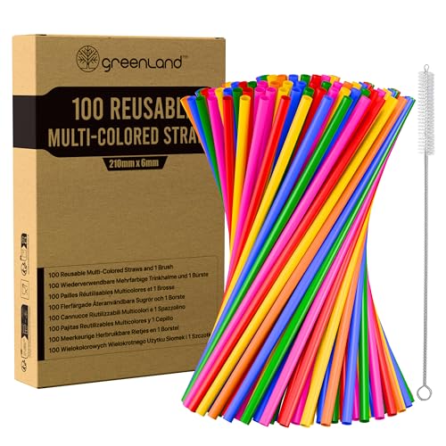 Greenland 100 pajitas reutilizables de colores con cepillo, 21 cm de largo, 6 mm de ancho, perfectas para cócteles, leche, zumo, té (pajitas)