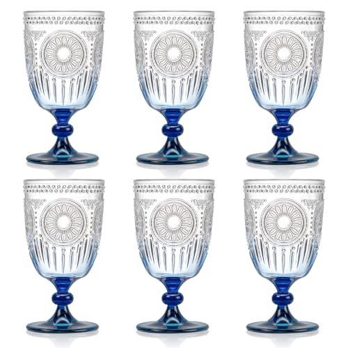XUWAIDSGN 6Pcs Plastic Vintage Wine Glasses 13.5oz Reusable Embossed Goblet Glasses Blue Gradient Retro Wine Glassware Unbreakable Stemmed Champagne Water Cups for Wine Cocktail Juice Wedding