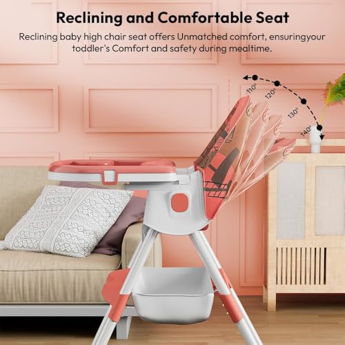 Image of StarAndDaisy Baby High Chair Recline Highchair /Baby Feeding Chair with Height Adjustable Seate /Upgraded Kids High Chair with Wheel and PU Cushion pad- Orange