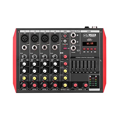 caigou Console de mixage portable D6 6 canaux EQ 7 bandes Alimentation fantôme 48 V intégrée Prise en charge de la connexion BT Lecteur MP3 USB pour l'enregistrement de musique Réseau DJ Diffusion en - Image 4
