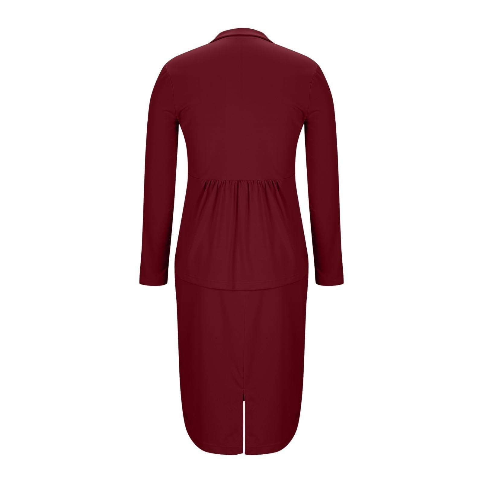 Sommerliches Damen Skirt Suit Set mit Langen Ärmeln einfarbigem Fallrevers knielangem Rock für Büro Freizeit sowie Urlaub klassischer -Stil vielseitig kombinierbar ideal für alle Jahreszeiten