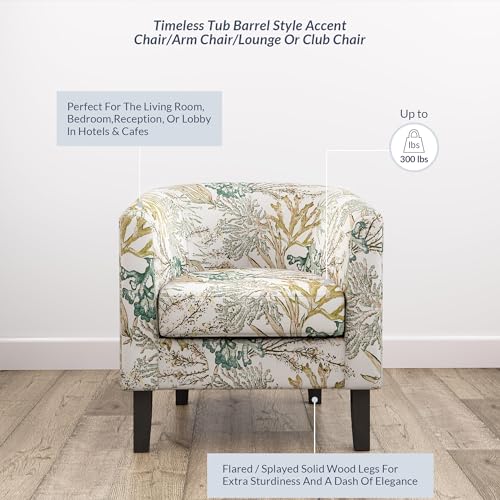 Image of BELLEZE Living Room Chairs Set of 2, Linen Round Accent Barrel Chairs, Club Tub Sofa Chairs for Bedroom, Corner Chairs with Flared Legs and Cozy Soft Padding - Highland (Green Coral)