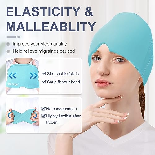Image of EXQUISLIFE Migraine Headache Relief Cap, Gel Ice Head Wrap, Hot and Cold Therapy, Headache Eyes Mask for Sinus, Puffy Eyes, Tension and Stress Relief (Blue)