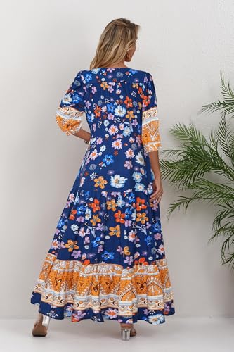 Image of Women Short Sleeve V Neck Floral Print Casual Bohemian Maxi Dresses