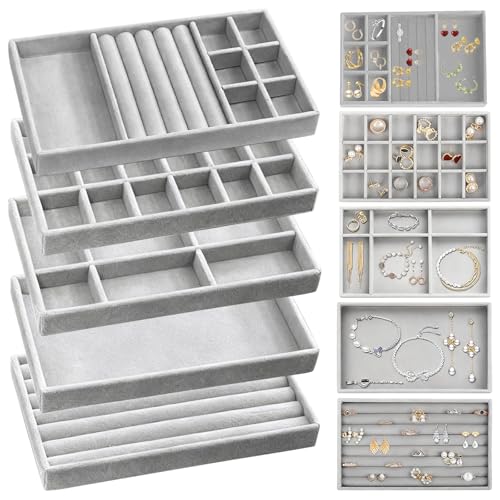 Sotbnna Jewellery Organiser, Jewellery Tray, Earring Storage,5 Pcs Stackable Velvet Trays, Drawer Insert Display Case for Earrings, Rings, Necklaces, Bracelets,Gift for Women,Girls (Grey)