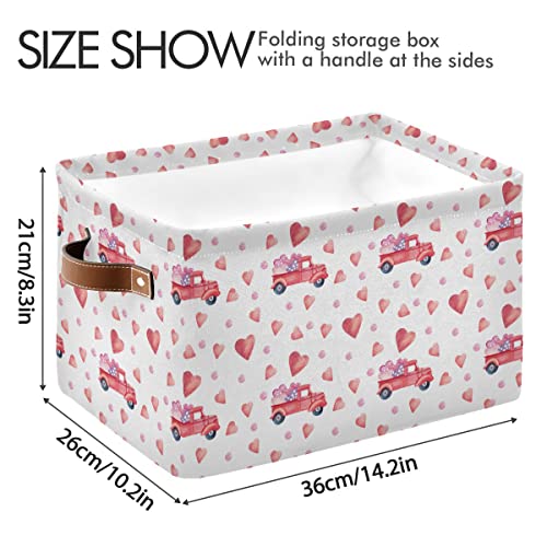 Image of Happy Valentine's Day Storage Basket Fabric Laundry Baskets Love Heart Pickup Truck Car Storage Boxes Organizer Bag for Baby Cloth Dog Toy Book Storage Cubes Shelf Closet Bins 16x12x8 Inches