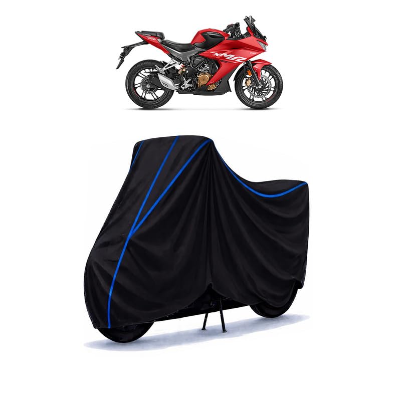 Image of Hero Karizma XMR Bike Cover Water Resistant Universal Motorcycle Rain | Heavy Duty UV Protection, Dust, Scratch Indoor Outdoor All Weather with Black Blue Piping Elastic