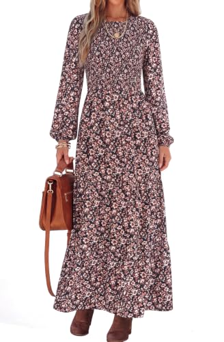 Image of PRETTYGARDEN Women's Fall Dresses 2026 Long Sleeve Flowy Casual Floral Maxi Dress Crew Neck Smocked Tiered Long Dress