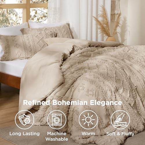 Image of Bedsure Tufted Boho Comforter Set Queen Size - Khaki Boho Bed Set, GentleSoft 3 Pieces Farmhouse-Style Embroidery Bedding, Gifts for Woman, Soft Jacquard Kids' Queen Comforter for All Seasons