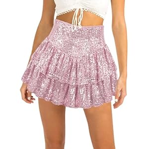 Women’s Sequin Ruffle Mini Skirt Sparkly High Waist Glitter Flowy Skirt Layered Shiny Party Club Short Skirts