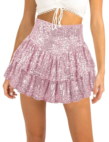Women’s Sequin Ruffle Mini Skirt Sparkly High Waist Glitter Flowy Skirt Layered Shiny Party Club Short Skirts
