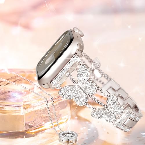 Image of Butterfly Band for Apple Watch Bands 44mm 45mm 46mm Starlight | Series 11 10 9 8 7 6 5 4 3 iWatch SE Ultra Band for Women, Slim Thin Metal Fancy Bling Dressy Strap for Apple Watch Band