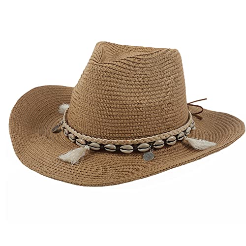 Chapeau de paille à large bord anti UV avec cordon de maintien style Fedora femme