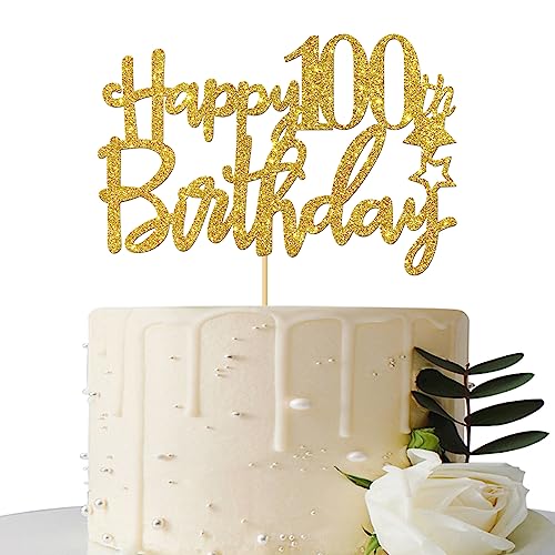 Gold Glitter Happy 100th Birthday Cake Topper - 100 Sign Cake Topper - Cheers to 100 Years Party Supplies - 100th Birthday Party Decoration