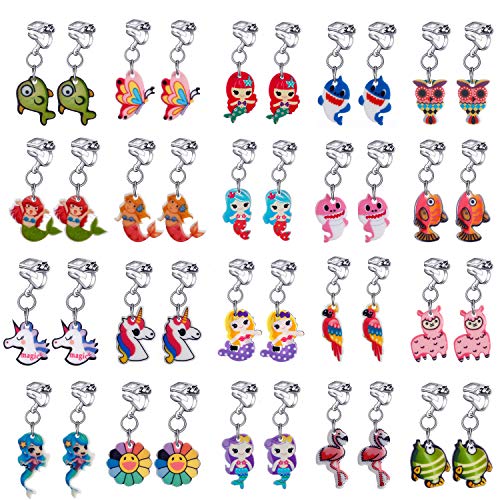 20 Pairs Clip on Earrings Princess Play Jewelry Earrings Set Mermaid Clipons Hoops Clipon Earring Lollipop Ice Cream Dangle earring Rainbow Eardrop for little girls clip earrings