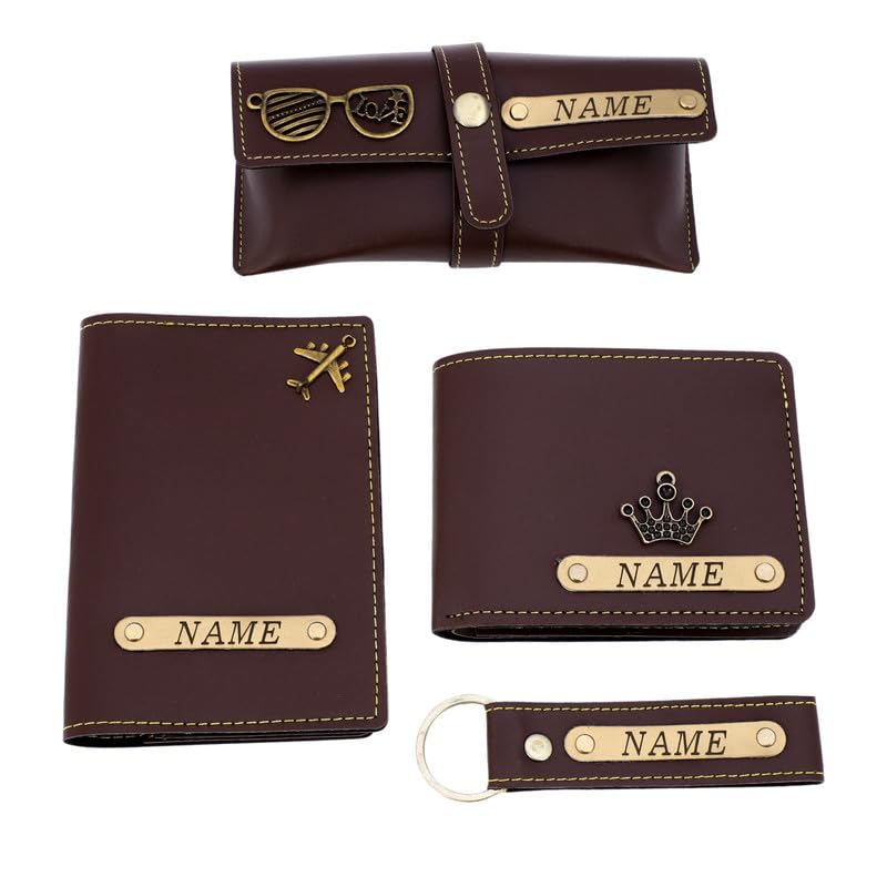 Men's Customized Wallet, Keychain, Sunglass Holder & Passport Cover Combo (Brown) | Faux Leather Personalised Accessory Gift Set for Men | Gift for Him-image-12