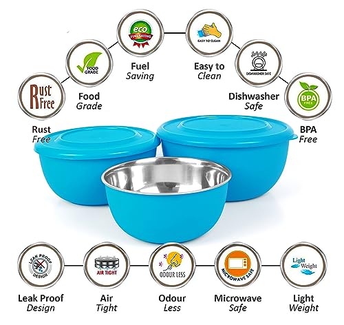 Image of Microwave Safe Stainless Steel Food Storage Container with Lid | Euro Mixing Bowl Set for Kitchen | 500ml, 800ml, 1250ml | Pack of 3 | Leak-Proof (Classic Blue Plain)