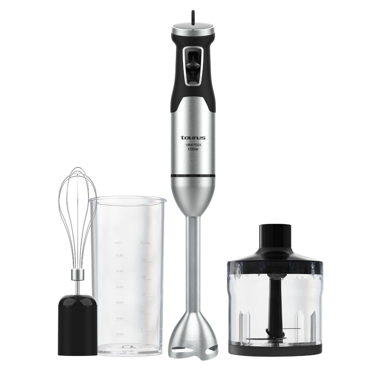 Taurus - Batidora de Mano 1700W de Potencia | 3en1 (Minipimer/Picadora/Turbo) | 4 Cuchillas Acero Inoxidable | Pie Desmontable | Regulador de Velocidad | Ergonomica | BPA FREE
