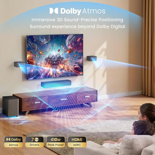 Miroir 5.1 Sound Bar with Dolby Atmos, with Wireless Subwoofer and 2 Surround Speakers, 410W Bluetooth Surround Sound System, Immersive Home Theater System for HDMI eARC/Opt/AUX/BT - Image 3