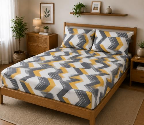 Image of Fitted Bedsheet Yellow Grey & White Geometric Print Glace Cotton 210 TC|Full Single Size for Single Bed Fits 4 x 6.25 ft Mattress (48 x 75 Inch)|All Around Elastic |2 Pillow Covers |7 Inch Deep Pocket