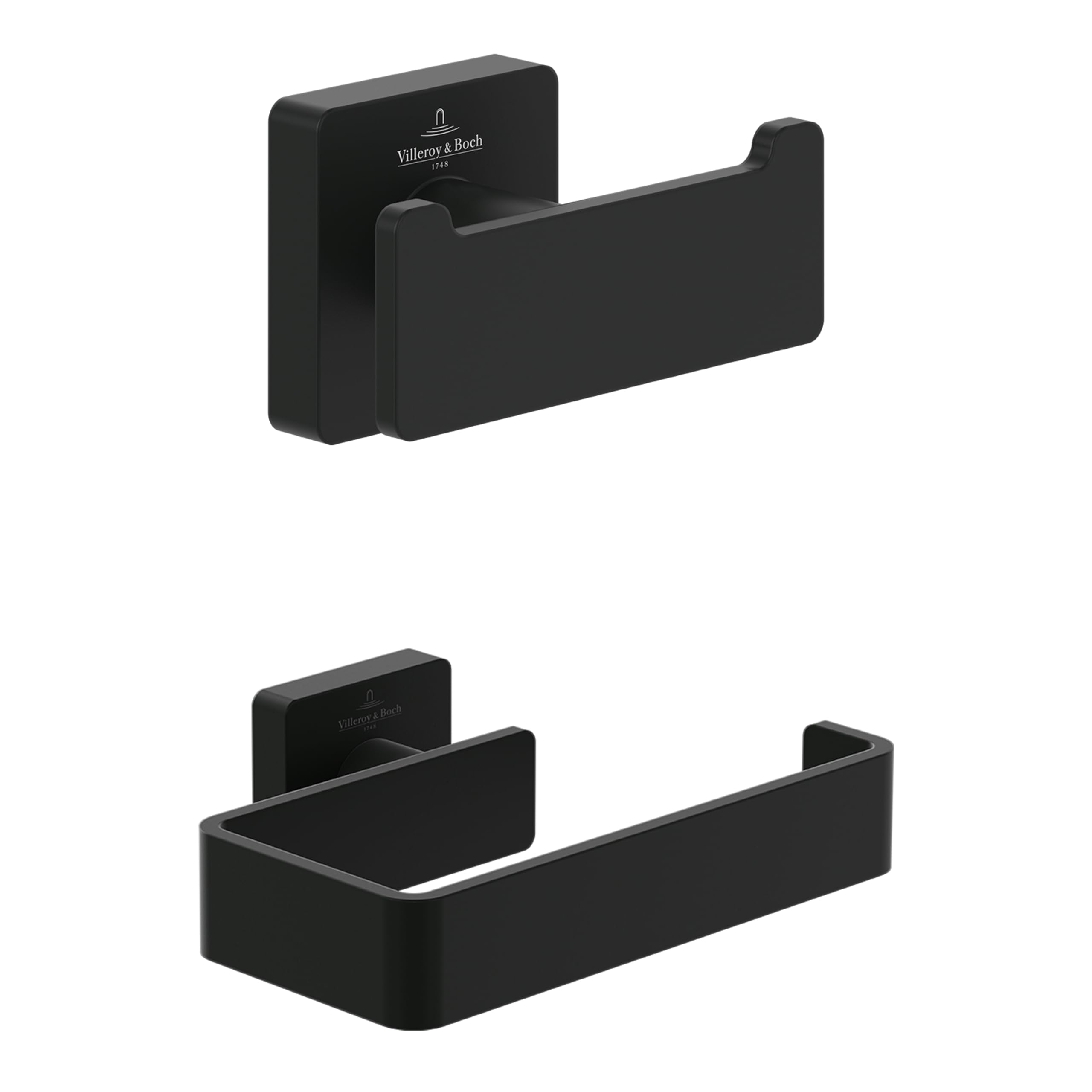 Juego de accesorios Elements-Striking de Villeroy & Boch (paquete 2 en 1), juego de accesorios de baño compuesto por gancho toallero doble y portarrollos de papel higiénico sin tapa, negro mate
