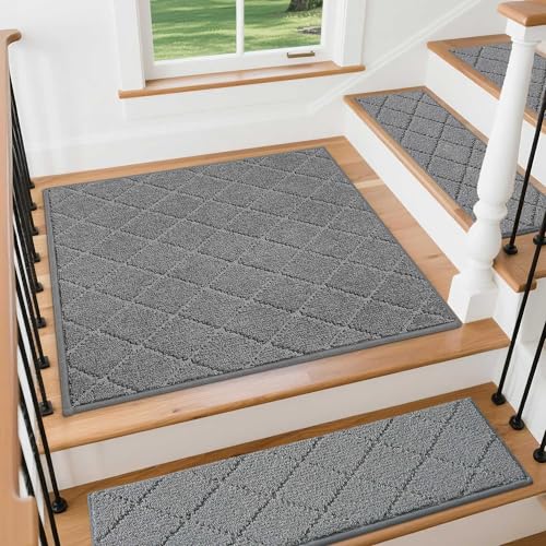 Image of COSY HOMEER Stair Landing Rugs Non-Slip Corner Indoor Edging Stair Treads for Wooden Steps,Washable Soft Stair Landing Mat for Kids,Elder and Dogs,Polyester,TPE Backing,Medium Grey,30x30inch