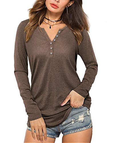KILIG Women's Long Sleeve V-Neck Button Loose Casual Tunic Tops Blouse Henley T Shirts(D2-Brown,L)