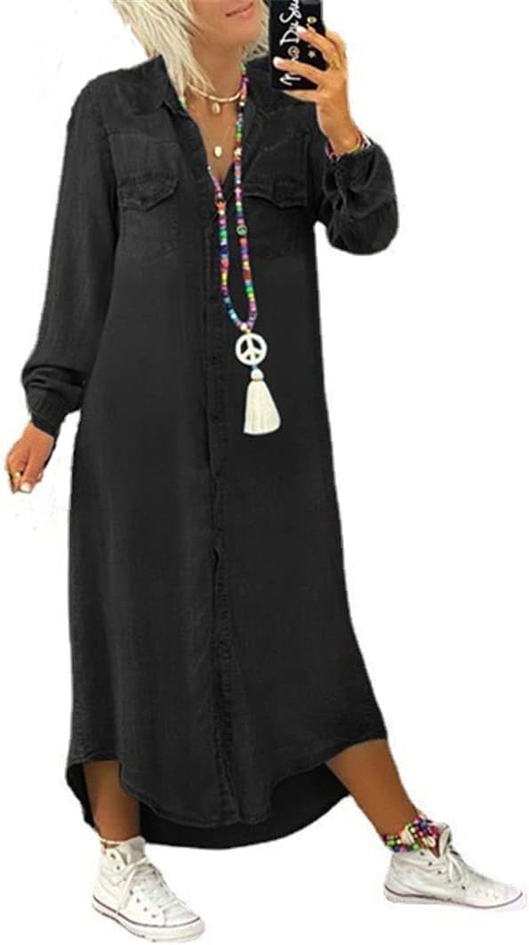 女性のデニムドレス黒長袖ルーズロングシャツドレス女性カジュアルガールレディース服