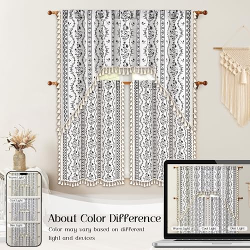Image of Yinhua Boho Swag Valance Curtains Vintage Linen Valances for Windows Light Filtering Floral Kitchen Valance Rod Pocket Rustic Tassel Window Valances for Bathroom Cafe, 60 inch W x 36 inch L, White Black