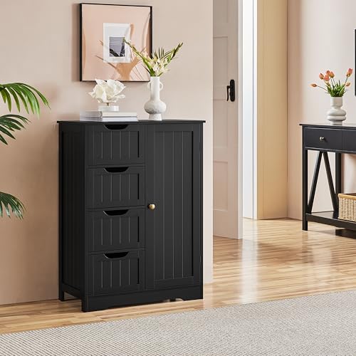 image for Yaheetech Wooden Storage Cabinet, Bathroom Storage Organizer with 4 Dr