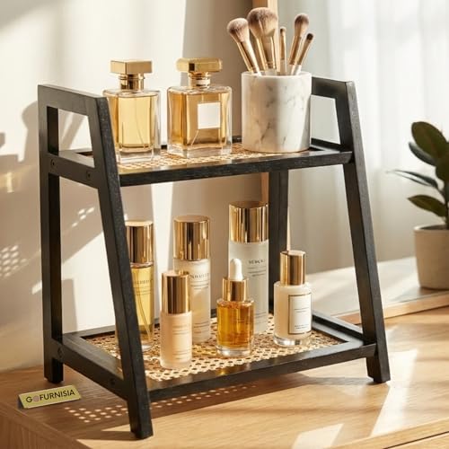 Image of GOFURNISIA Handcrafted Wooden Rattan Display Rack | 2-Tier Premium Vanity Countertop Shelf for Cosmetics | Dining Table Decor Rack | Solid Wood + Natural Cane Webbing | Made in India | Black, Beige