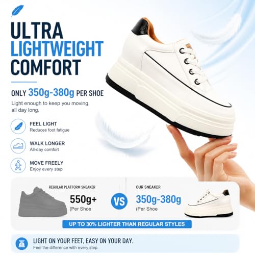 Image of Platform Sneakers For Women - (3 inch-3.5 inch )6cm Heel & 3cm Inner Lift, Comfortable Cushioned Arch Support, Non-Slip Casual Walking Shoes, Microfiber Leather Platform Shoes White Black Red Yellow