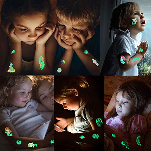 Temporary Tattoos For Kids -20 Sheets 199Pcs Waterproof Mixed Style Cartoon Fake Tattoo, Glow In The Dark Unicorn Mermaid Outspace Dinosaur Tattoo Sticker Decor For Boys Girls, Party Supplies Favor #TOP4
