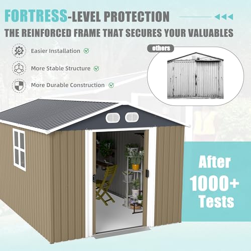 Image of KEIKI 8x12 FT Heavy-Duty Outdoor Storage Shed, Metal Shed with Reinforced Frame, Lockable Doors & Air Vents, Weatherproof Garden Tool Shed for Backyard, Brown