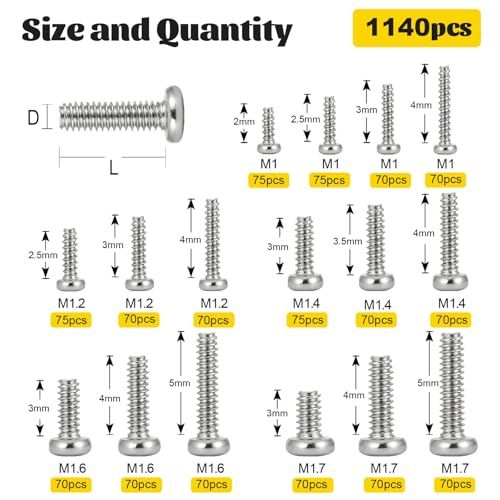 Image of 1140PCS Micro Small Pan Head Machine Screws Assortment Kit,M1 M1.2 M1.4 M1.6 M1.7 Tiny Screws for Electronics,Eyeglasses, Watches, Clocks