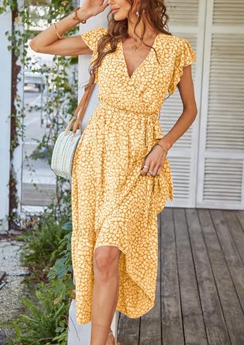 PRETTYGARDEN Women's Summer Floral Boho Maxi Dress Wrap Short Sleeve V Neck Ruffle A-Line Flowy Wedding Guest Long Dresses