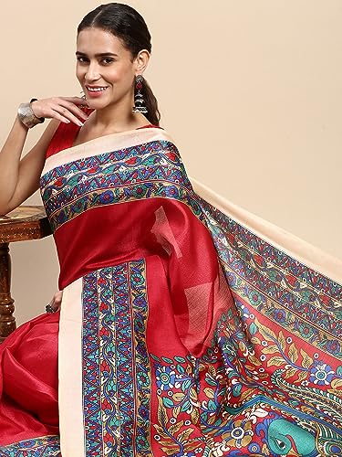 Image of RANI SAAHIBA Women's Art Silk Kalamkari Saree With Blouse Piece