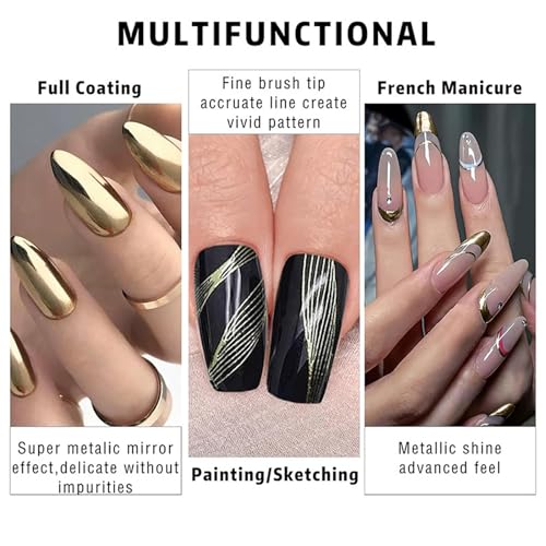 Gold Liner Gel Nail Polish - Metallic Gold Gel Liner Nail Art - 3D Mirror Effect Painted Drawing Nail Gel with Thin Brush - 10ml Glossy Chrome Gel Soak Off UV/LED Nail Art Manicure - Image 5