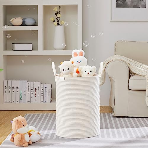 Image of VIPOSCO 72L Tall Woven Rope Laundry Hamper, Leather Handles, White | Large Wicker Laundry Basket for Dirty Clothes, Blanket, Toy, Towel, Yoga Mat, Storage Bin in Bedroom, Bathroom, Living Room