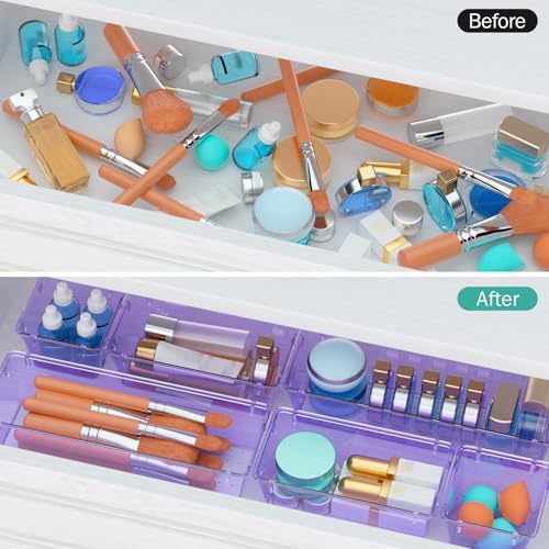 Image of WOWBOX 12 Pack Clear Drawer Organizer Set, Acrylic Drawer Storage Trays, Storage Bins for Makeup, Cosmetics, Jewelries, Utensils, Gadgets, Office, Purple