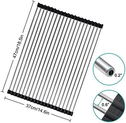 Roll Up Dish Drainer Rack L Size 18.5 X 15 - Foldable Over Sink Dish Rack with Silicone Wrapped Edge and 20 Heavy Duty Stainless Steel Pipes, Heat Resistant Mat Dish Drying Rack for Kitchen Cleanup