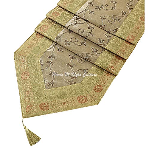 Image of Ari Zari Embroidery Table Runner Decorative 6 Seater 72 Inch Gold & Grey Banarasi Brocade Satin Decorative Long Runner Up with Tassels Dining Table Tablecloth