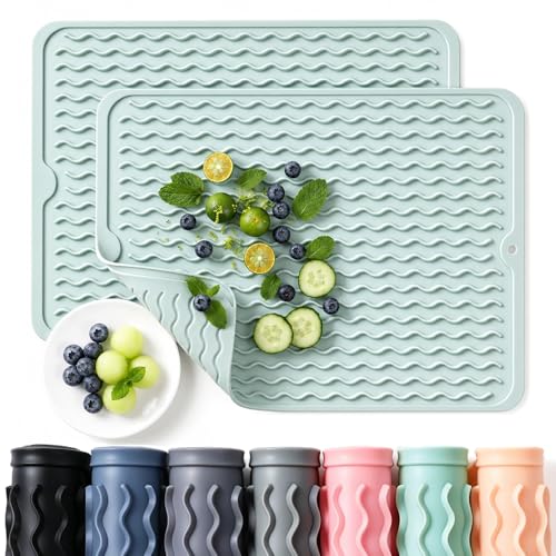 Image of 2 Pack Caketime Silicone Dish Drying Mat for Kitchen Counter Escurridor de Trastes para Cocina Cooking Dining Hot Pads Rubber Palcemats Coffee Bar Must Haves Women Gifts 15 inchx11.5 inch Green