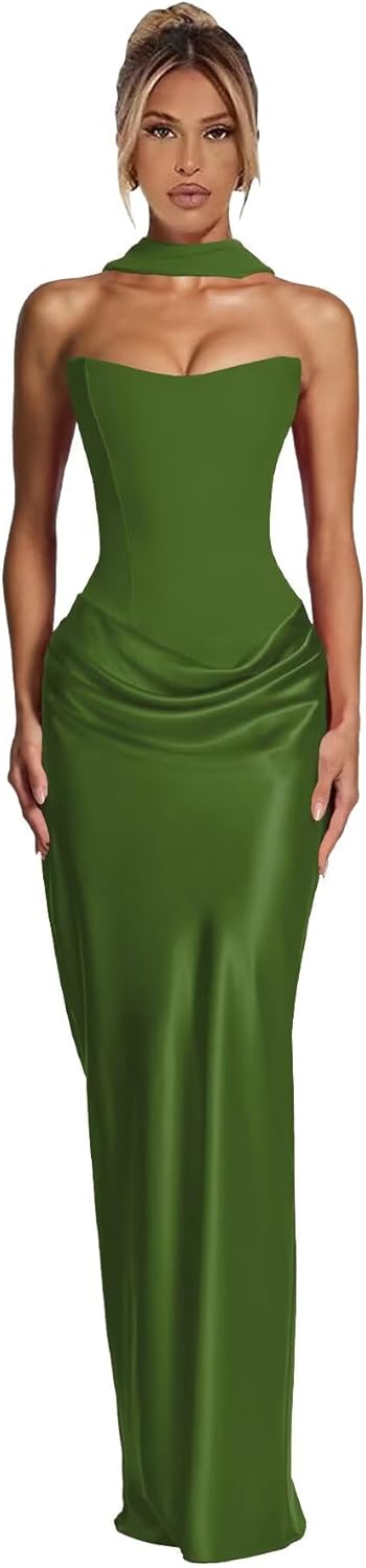 Satin Strapless Mermaid Prom Dresses for Women 2026 Corset Long Ruched Formal Evening Dress with Scarf