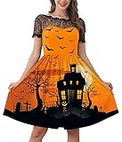 For G and PL Damen Halloween Thema Hübsches Abend-Kleid Kurz Ärmel mit Farbigen Mustern Cocktail Kleid Orange S
