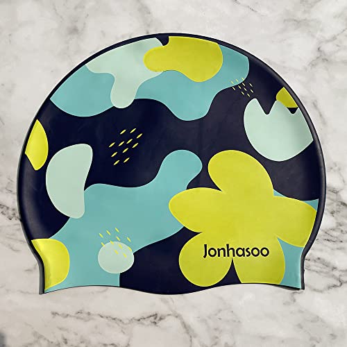 Image of Swim Cap Women, Silicone Swimming Cap for Long Hair with Flower Printed