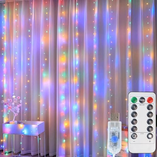 LED Curtain String Lights, 3m x 3m, 300 LEDs, 8 Lighting Modes, USB Powered with Remote Control, Indoor, Outdoor, (Multicolour)