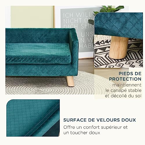 PawHut Hundesofa für Hunde, skandinavisches Design, weiches Kissen, Füße aus Massivholz, Maße: 64 x 45 x 36 cm, Velours, Entenblau