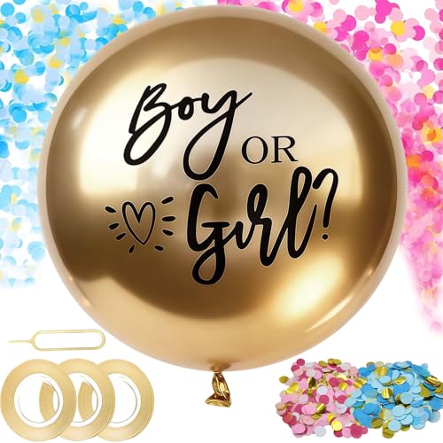 Gender Reveal Balloons, Baby Gender Reveal Decorations 36 Inch Balloon, Golden Balloons for Party Decorations Supplies Baby Shower New Babys Party, with Pink Blue Confetti Ribbon