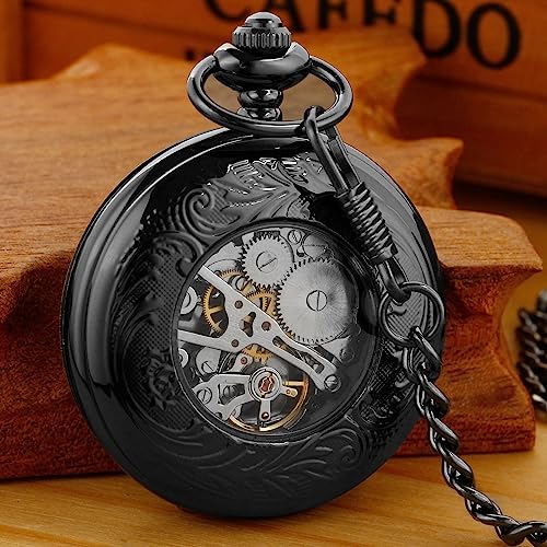 Image of Black and Silver Roman Numeral Dial Mens Mechanical Moon Phase Design, Moon Sun Pattern Skeleton Mechanical Pocket Watches for Men with Case and Chain - Black